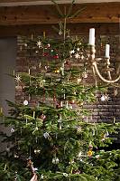 Schön geschmückter Weihnachtsbaum vor einer Backsteinwand mit