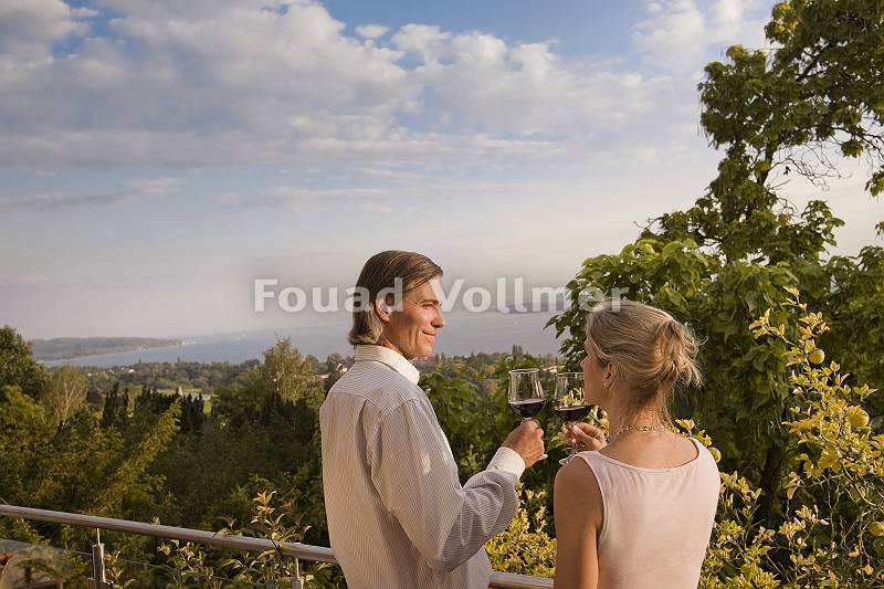 Paar stößt mit Weingläsern am Bodensee an