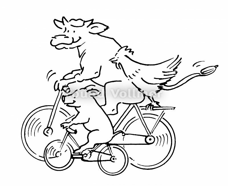 Zeichnung einer Kuh, eines Schweins und eines Hahns, die gemeins