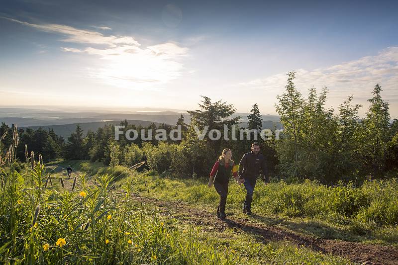 Paar wandert auf dem Fichtelberg im Erzgebirge im Gegenlicht