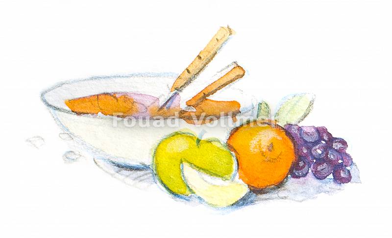 Aquarellbild einer Schüssel mit Obst und Joghurt