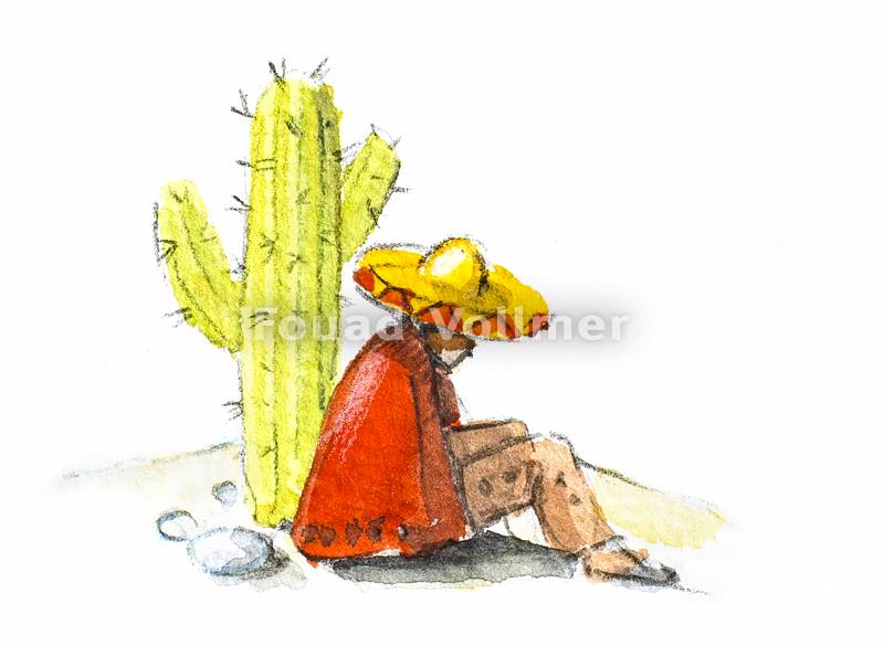 Aquarellzeichnung eines Mannes mit Sombrero neben einem Kaktus
