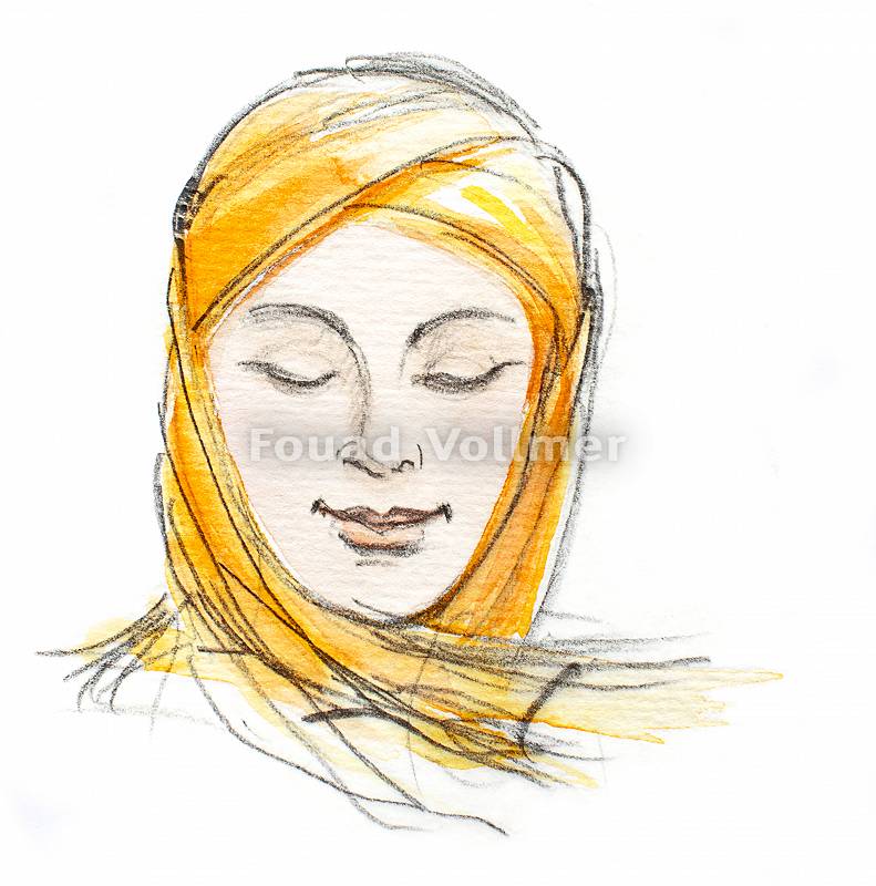 Aquarellzeichnung einer Frau mit Kopftuch