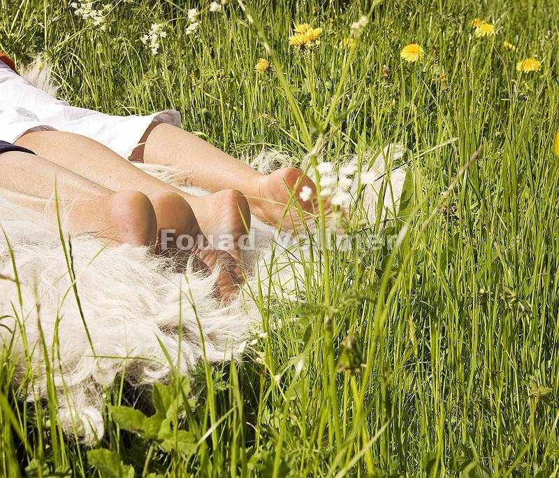 Paar liegt auf einem Fell in der Blumenwiese